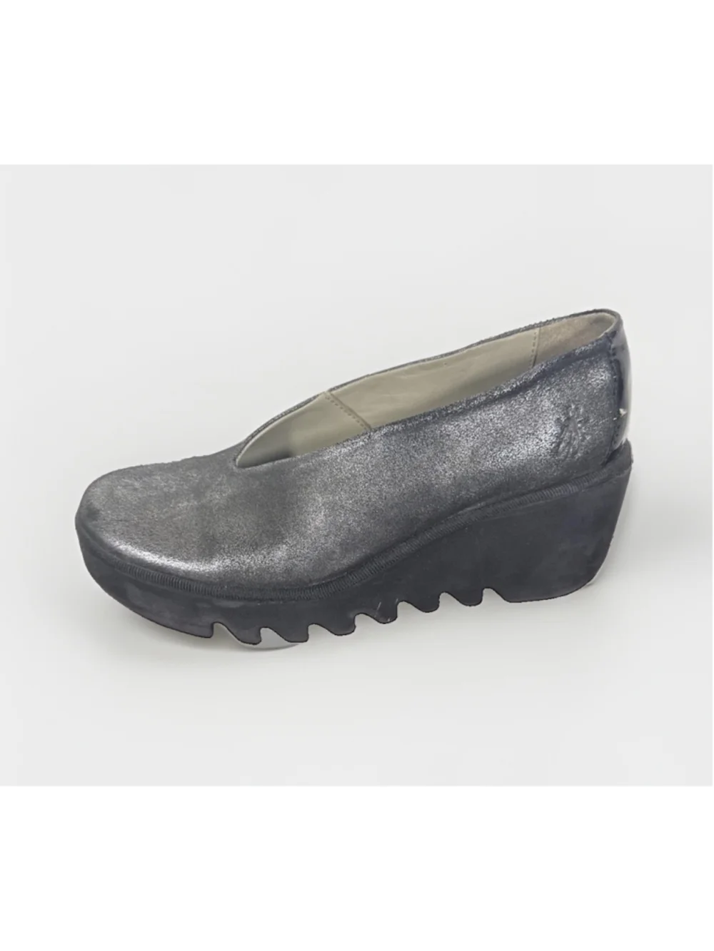 Fly London Beso Metallic Black Wedges Shoes Sz 37/6.5-7 US Boho Work Preppy Chic